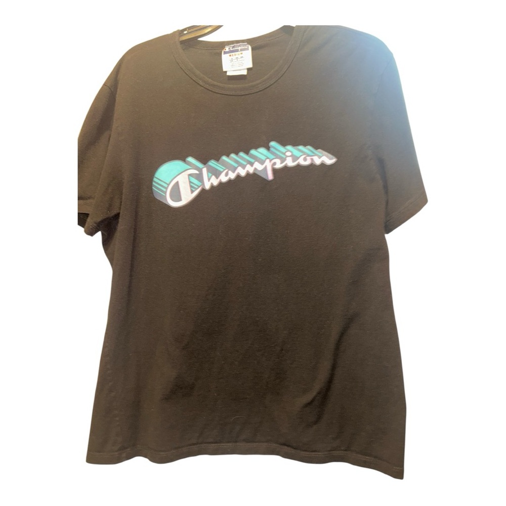 Champion Black Tee with Blue and White Accents